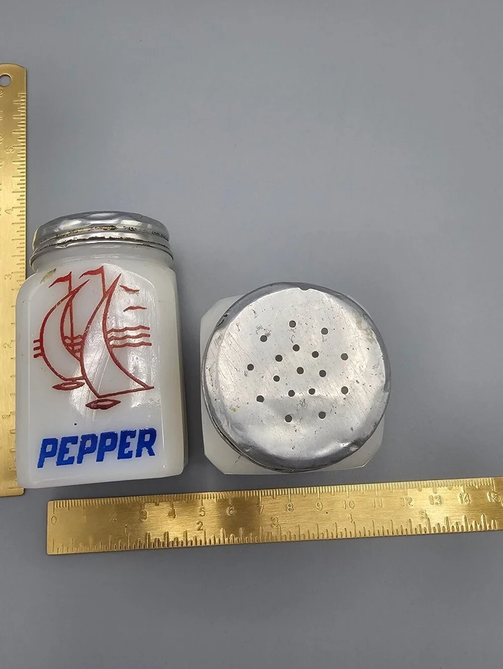 Vintage Milk Glass Salt and Pepper Shakers with Sailboat Design